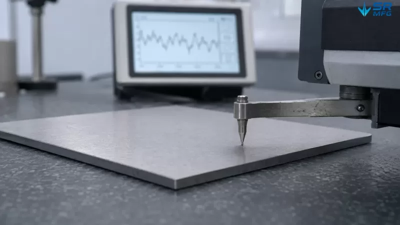 Contact profilometer diamond stylus measuring surface roughness on a 2mm steel test coupon in a quality control laboratory