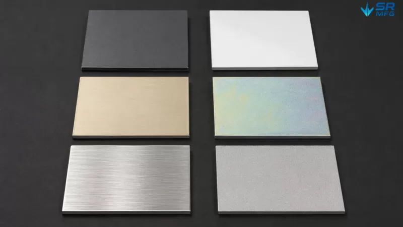 Six 1.5mm sheet metal samples displaying different surface treatments — powder coating, wet painting, anodizing, zinc plating, brushing, and sandblasting