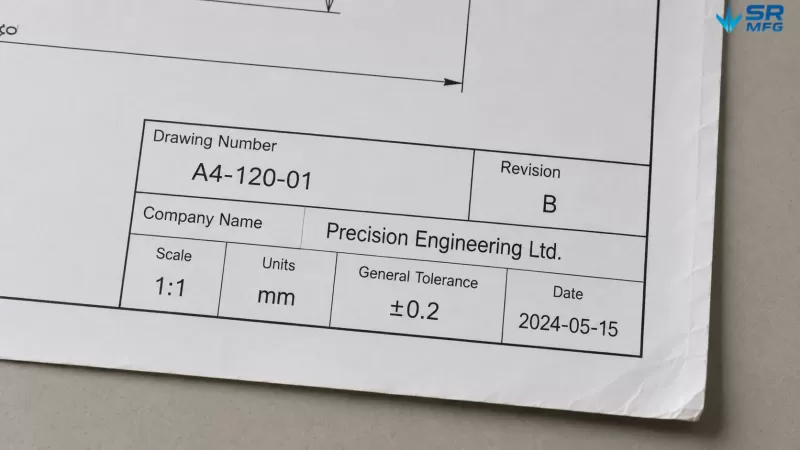 Close-up of a technical drawing title block showing drawing number, revision, scale, units, and general tolerance specifications