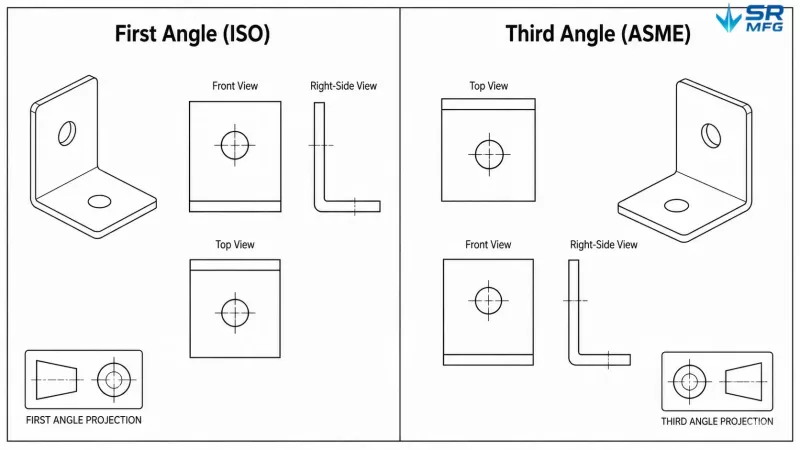 Comparison diagram showing first-angle projection (ISO) and third-angle projection (ASME) view arrangement for a sheet metal bracket