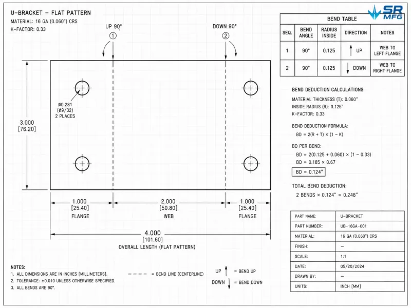 Sheet metal flat pattern drawing of a U-bracket showing bend lines, bend direction arrows, dimension annotations, and a bend table