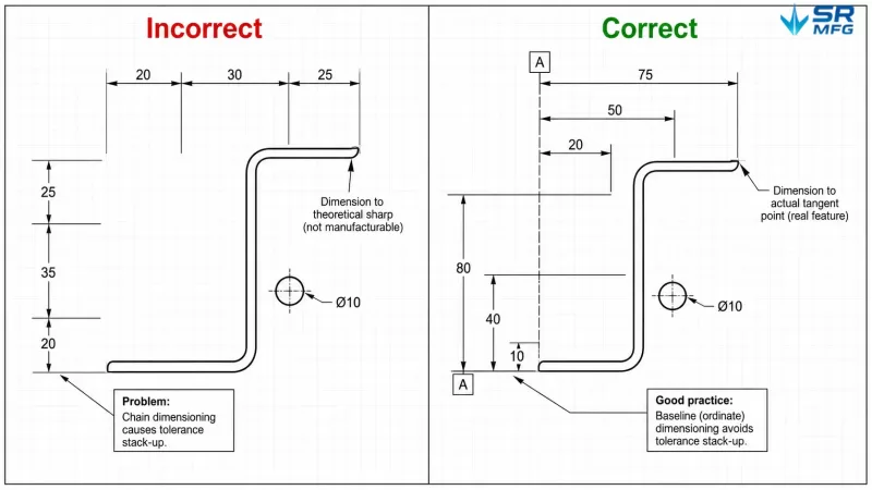 Side-by-side comparison of incorrect and correct dimensioning methods for a sheet metal bracket, showing chain vs baseline dimensioning and sharp corner vs tangent point references