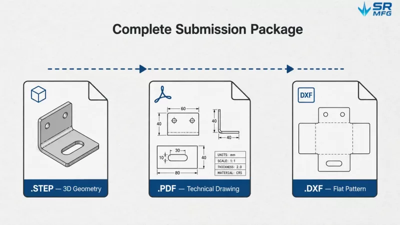 Diagram showing a complete sheet metal order file submission package with STEP file for 3D geometry, PDF for technical drawing, and DXF for flat pattern