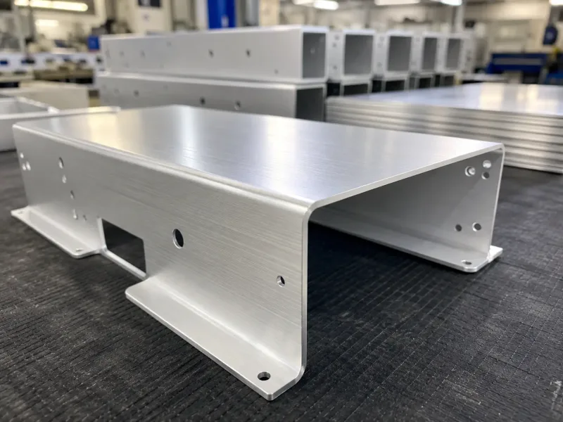A finished 5052 aluminum sheet metal enclosure with anodized silver finish showing clean bend radii and flanges, resting on a workbench in a fabrication shop