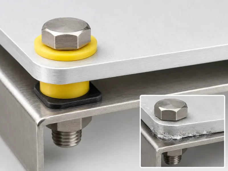 Close-up of an aluminum sheet metal panel fastened to a stainless steel bracket using stainless steel bolts with nylon isolation washers and rubber gaskets to prevent galvanic corrosion