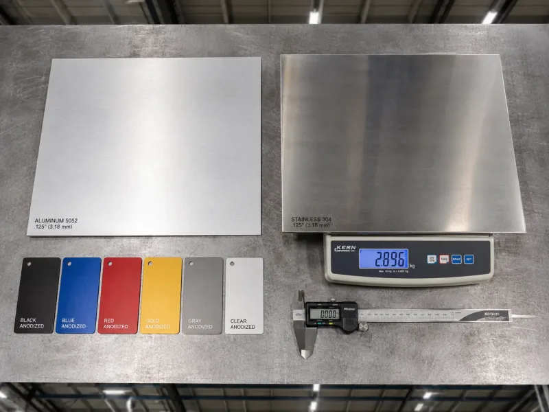 Flat-lay photograph of an aluminum sheet metal panel and a stainless steel sheet metal panel of identical size on a digital bench scale, showing the weight difference