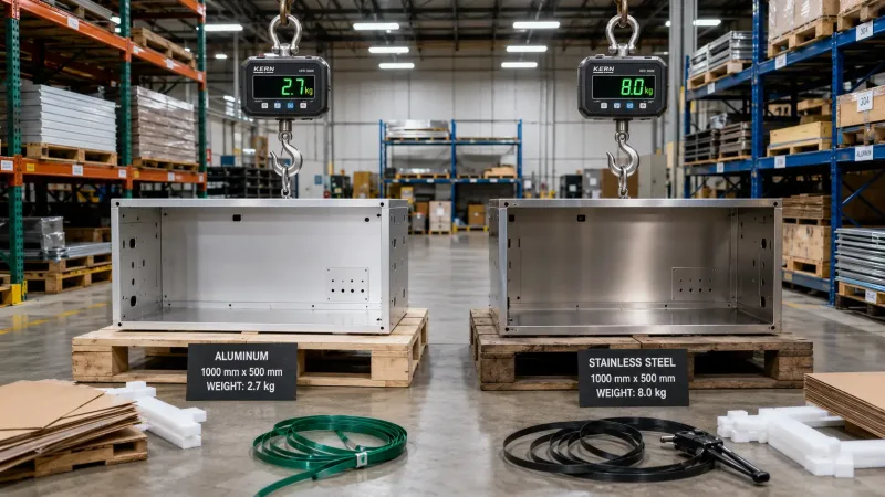 Two identical-size sheet metal enclosures — one aluminum weighing 2.7 kg and one stainless steel weighing 8.0 kg — on pallets with digital crane scales in a warehouse setting