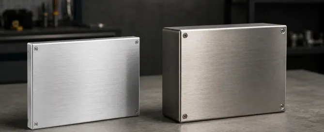 Two sheet metal enclosures side by side — one brushed aluminum and one brushed stainless steel — on a concrete surface in a workshop setting