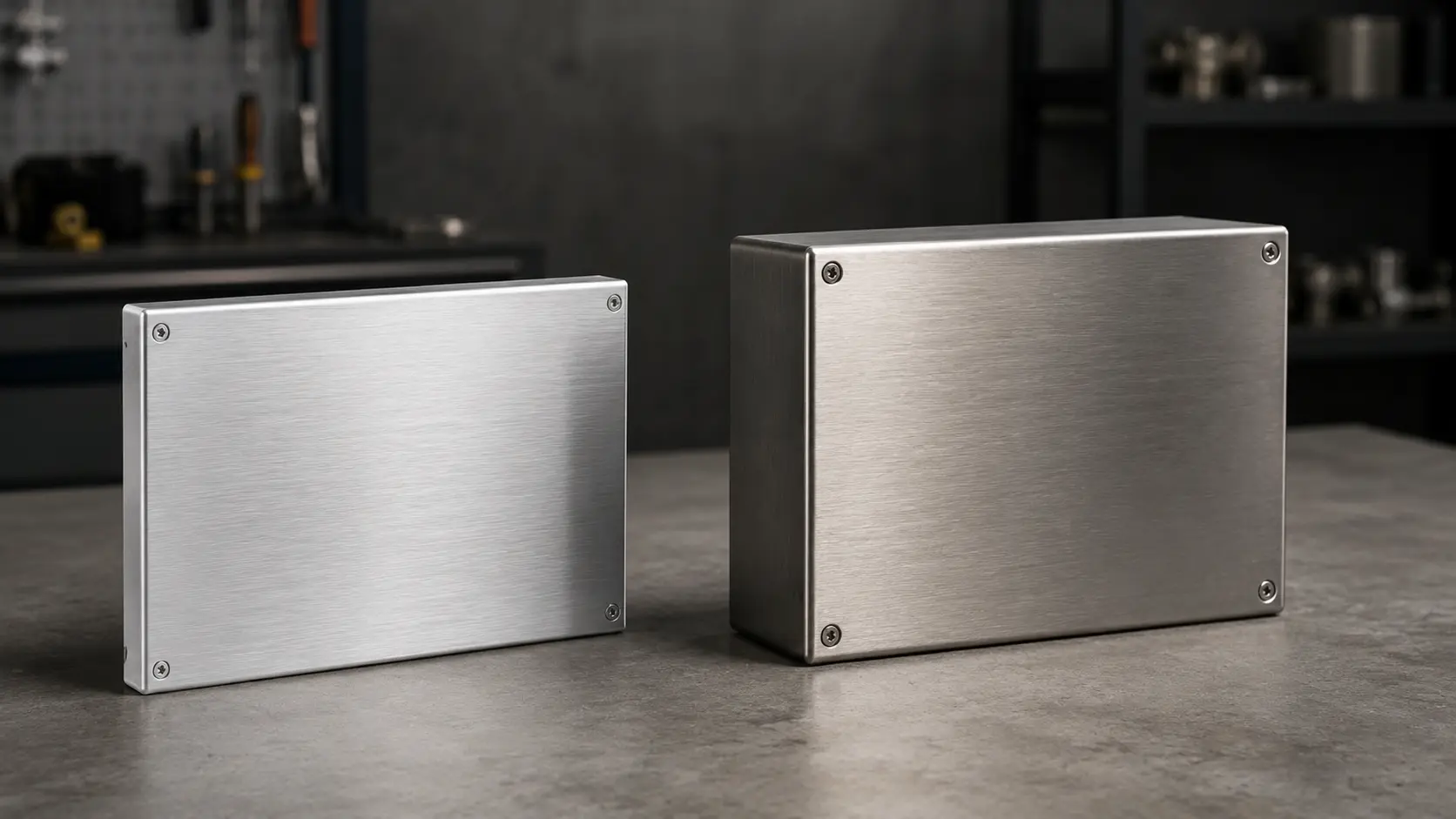 Two sheet metal enclosures side by side — one brushed aluminum and one brushed stainless steel — on a concrete surface in a workshop setting