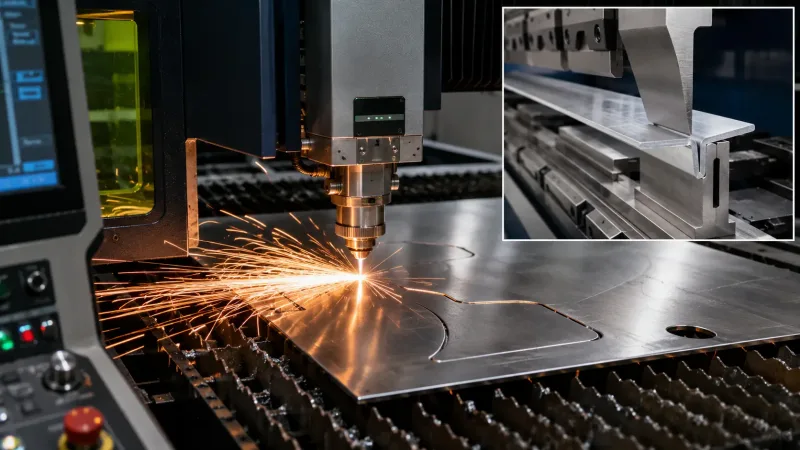 A fiber laser cutting machine cutting a stainless steel sheet with visible orange laser sparks on a slat bed in a sheet metal fabrication shop