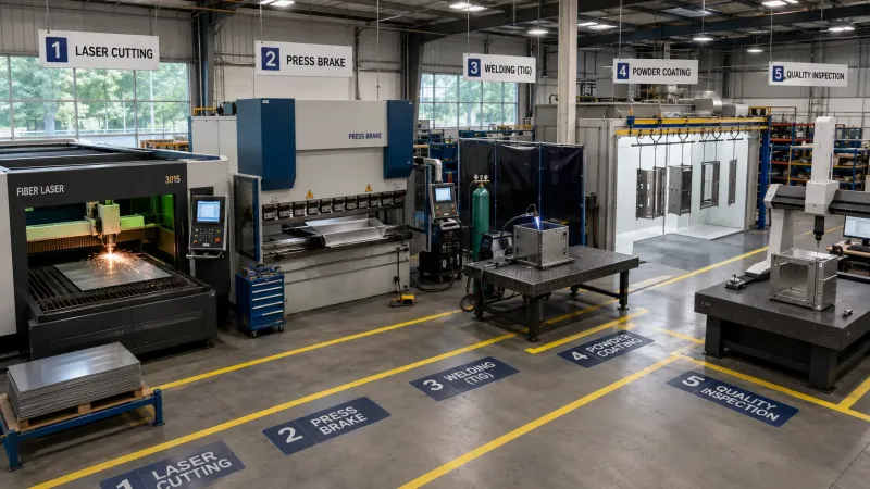 An overhead view of a sheet metal fabrication shop showing the complete production workflow — laser cutting, bending, welding, powder coating, and quality inspection stations