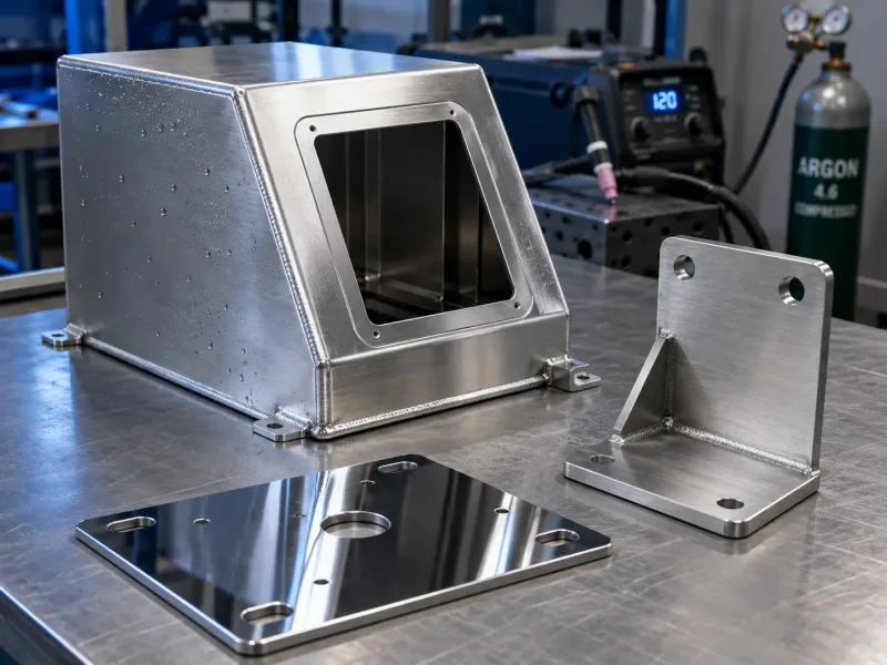 Multiple stainless steel 304 sheet metal parts including a food-grade housing, L-bracket, and structural plate with electropolished and brushed finishes on a fabrication table