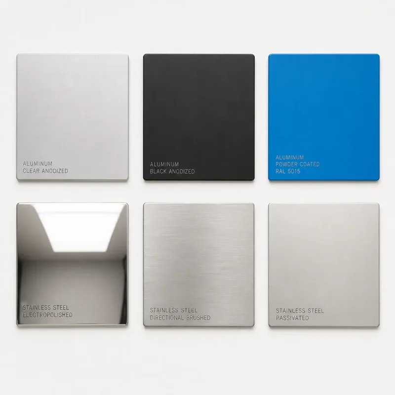 Six sheet metal sample swatches arranged in a grid showing aluminum finishes — clear anodized, black anodized, and powder-coated blue — alongside stainless steel finishes — electropolished, brushed, and passivated