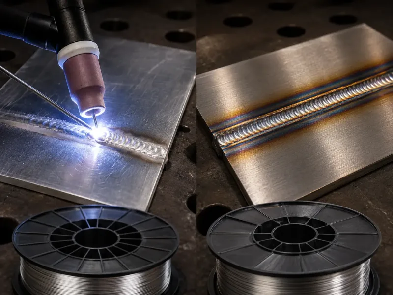 Side-by-side TIG weld beads on aluminum and stainless steel test coupons with corresponding filler wire spools, showing weld quality differences between the two materials