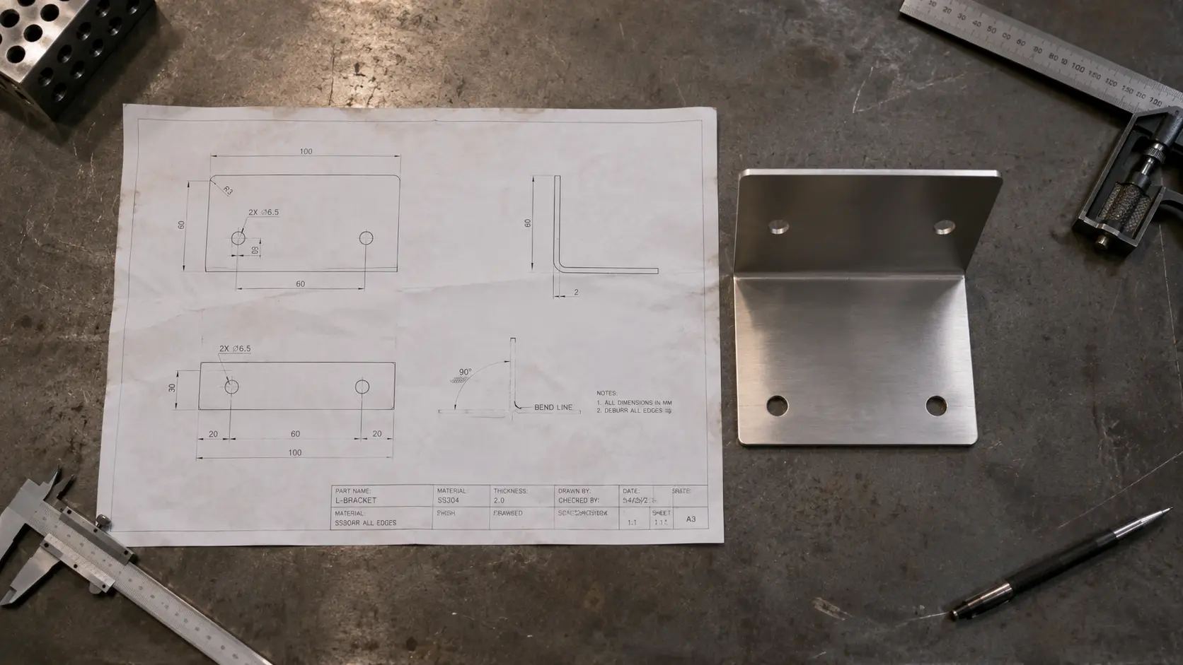 A printed 2D engineering drawing of a sheet metal bracket placed next to the fabricated metal part on a workbench