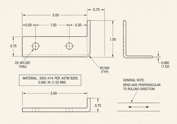 Engineering drawing detail showing correct 3003-H14 aluminum sheet material callout with alloy, temper, thickness, and standard