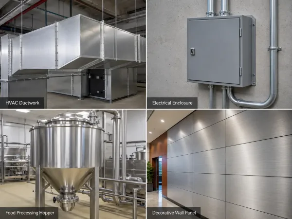 Industrial applications of 3003 aluminum including HVAC ductwork, electrical enclosure, food-grade tank, and decorative wall panel