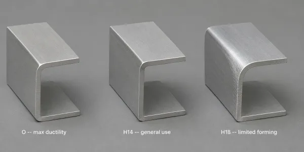 Side-by-side comparison of 3003 aluminum sheet in O temper, H14 temper, and H18 temper showing different surface textures and formed shapes