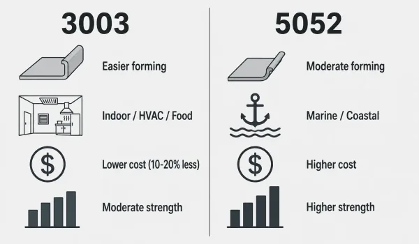 Side-by-side visual comparison of 3003 and 5052 aluminum alloys showing key property differences for sheet metal forming applications