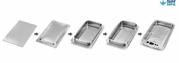 Five-stage deep drawing process showing an aluminum blank progressively formed into an EV battery pack upper cover
