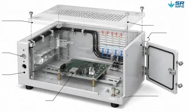 Cross-section view of a medical diagnostic enclosure showing internal mounting structures, cable routing, thermal management, and service access design features