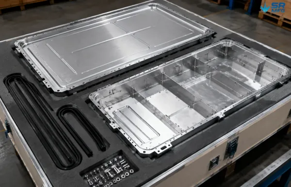 Complete matched EV battery enclosure assembly kit including upper cover, lower tray, gaskets, and mounting hardware packaged for shipment