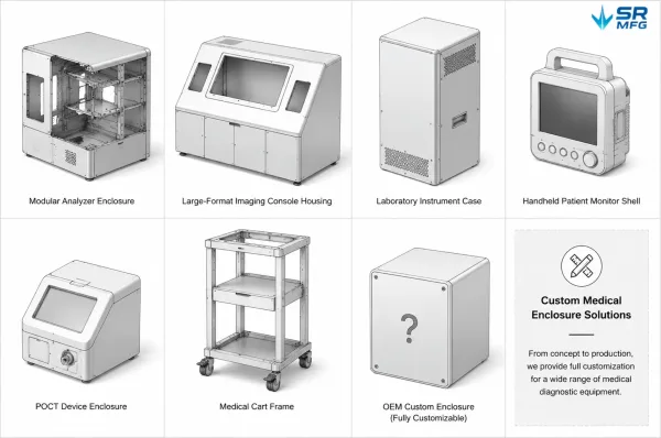 An illustrated matrix showing seven types of medical diagnostic equipment and their corresponding custom sheet metal enclosure designs
