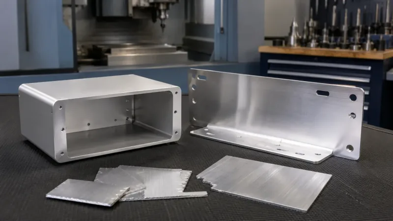 Aluminum sheet metal fabricated parts with different bend radii displayed on a work surface