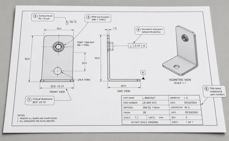 Annotated 2D engineering drawing of a sheet metal bracket showing critical dimensions, tolerances, surface finish callouts, hardware callouts, and title block
