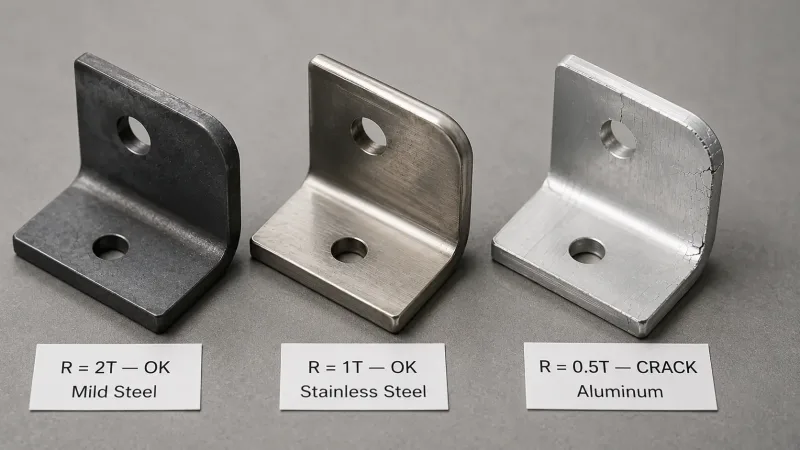 Three sheet metal brackets bent at different radii showing smooth bend versus cracked surface from insufficient bend radius