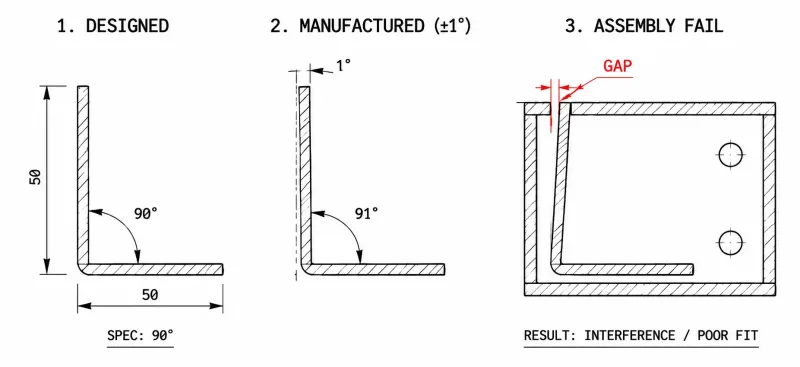 Three-panel illustration showing how a bend angle deviation within the manufacturer's default tolerance causes a gap and assembly failure when mated with the housing part