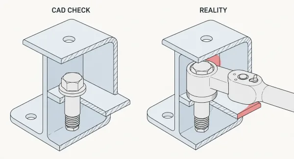 Comparison diagram showing CAD bolt clearance check versus real-world socket wrench collision with sheet metal walls