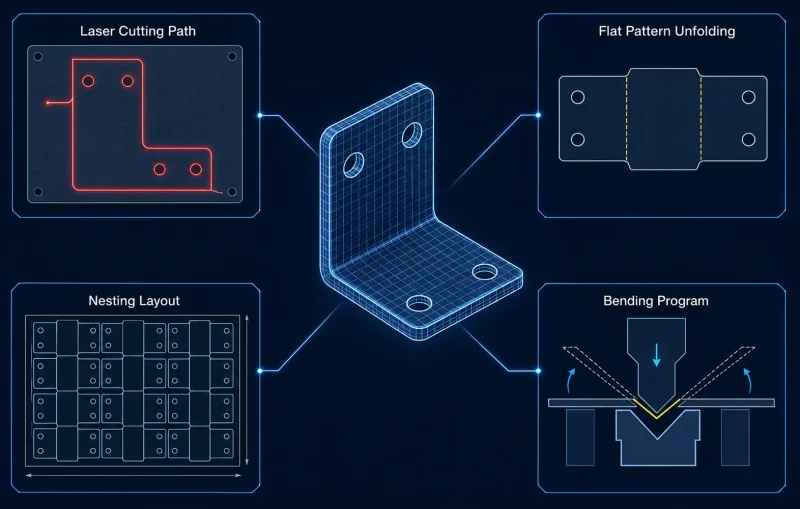 3D CAD model of a sheet metal part shown on screen with four manufacturing applications labeled: laser cutting path, flat pattern unfolding, nesting layout, and bending program
