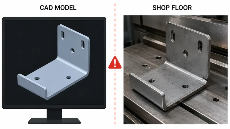 Side-by-side comparison of a flawless CAD sheet metal model and a real manufactured bracket showing bend defects