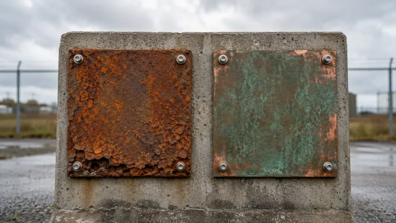 Side-by-side comparison of a corroded carbon steel panel and a copper panel with green patina, both after outdoor exposure