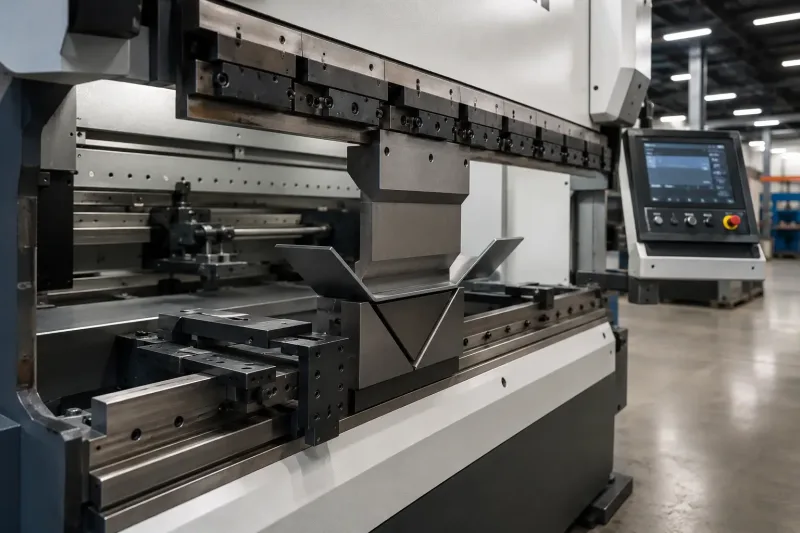 CNC press brake forming a 90-degree bend on a steel sheet metal bracket blank with visible flanges and back gauge