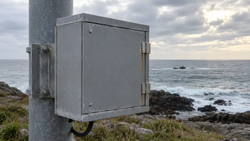 Outdoor metal electrical enclosure and mounting hardware installed near a coastline showing early signs of salt spray corrosion