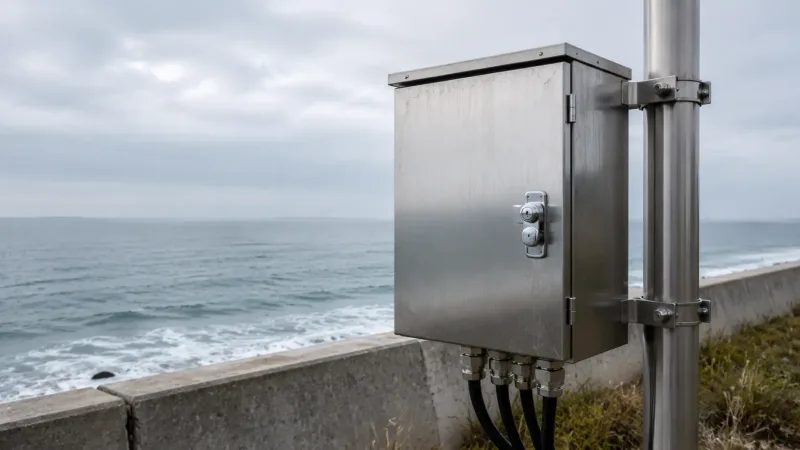 Brushed stainless steel electrical enclosure installed near a seawall in a coastal environment with ocean visible in background