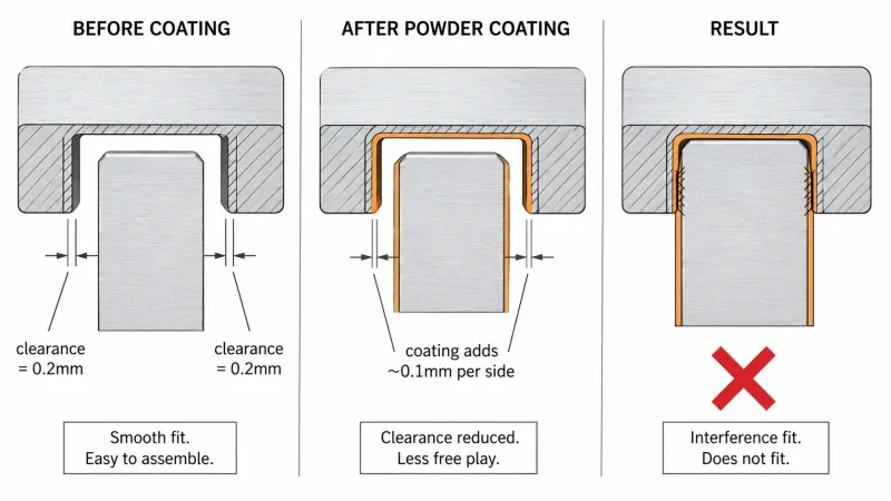 Cutaway diagram showing how powder coating thickness reduces clearance in a tab-and-slot sheet metal assembly causing interference fit