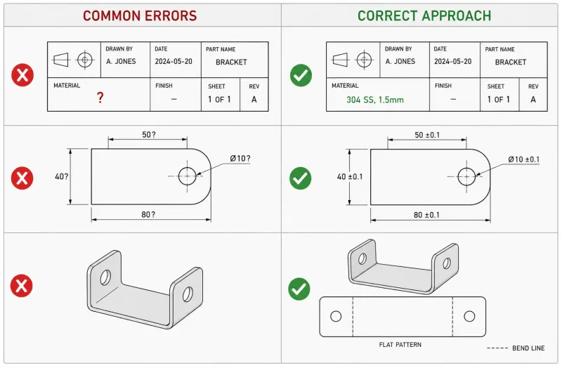 Comparison diagram showing six common sheet metal drawing errors on the left and their correct versions on the right, including missing material callout, missing tolerances, missing flat pattern, vague surface finish, missing bend direction, and missing assembly file