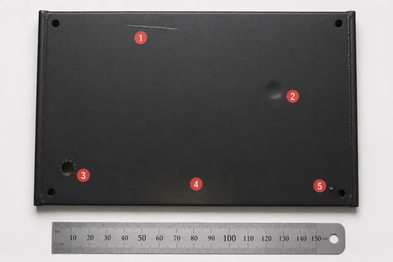 Powder-coated steel panel showing five marked surface defects including scratch, dent, burrs, discoloration, and weld spatter