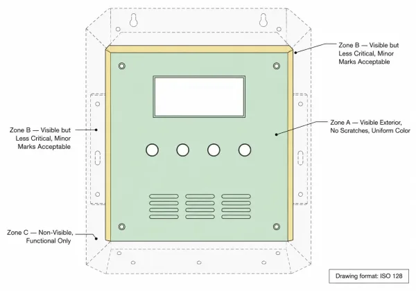 Engineering drawing of a sheet metal enclosure panel divided into Zone A, Zone B, and Zone C cosmetic grade areas