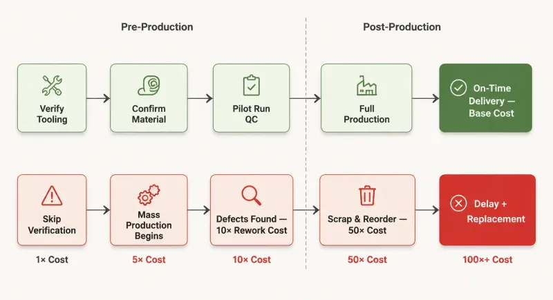 Flowchart comparing the cost impact of production readiness verification versus post-production defect correction