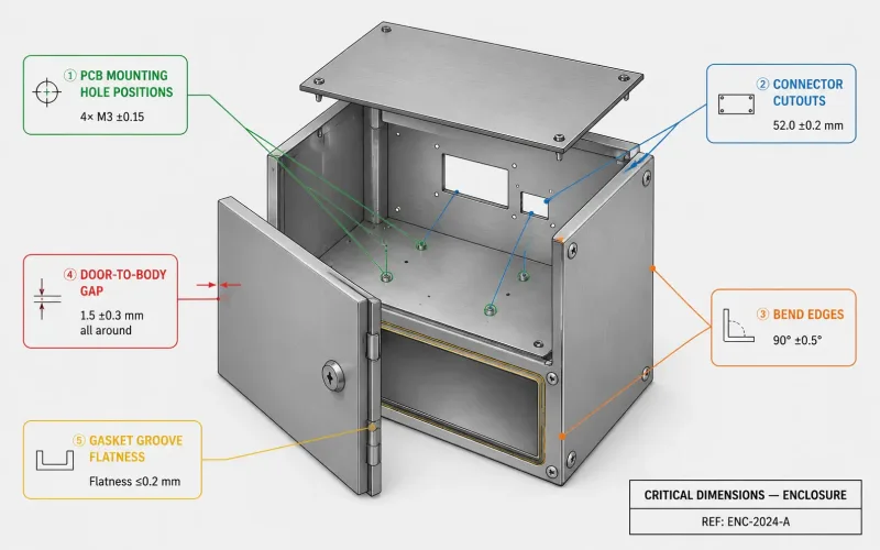 Technical diagram of a metal enclosure highlighting critical dimensions for PCB mounting holes, connector cutouts, bend angles, and door alignment