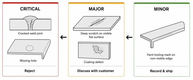Three-level defect severity classification from critical (reject) to major (discuss) to minor (ship normally)