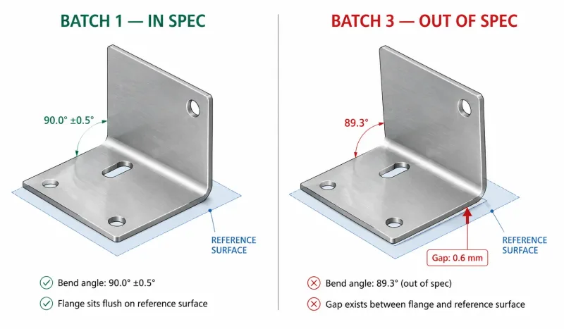 Technical comparison diagram showing correct vs drifted bend angles on sheet metal enclosure panels with measurement annotations