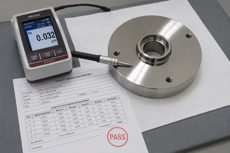 Electropolished stainless steel part being measured with a surface roughness profilometer alongside a quality inspection report