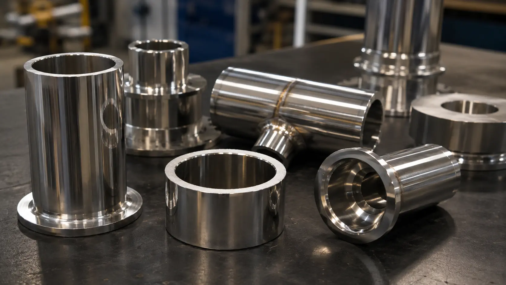 Electropolished stainless steel parts on workbench showing surface finish quality and subtle defects
