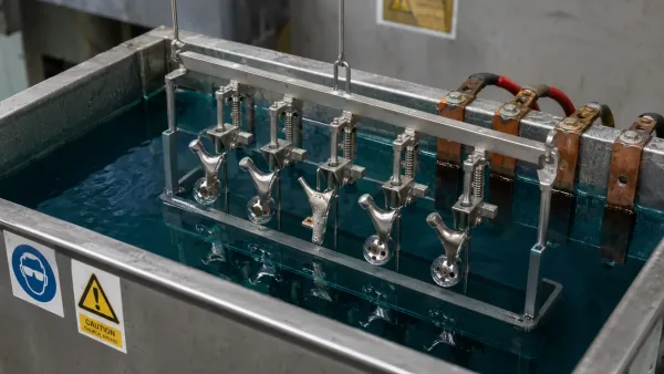 Custom electropolishing fixture holding stainless steel parts submerged in electrolyte solution inside a polishing tank