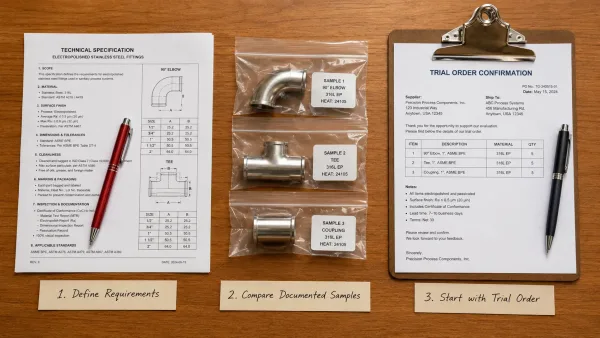 Flat-lay photograph showing three practical next steps for electropolishing sourcing: technical specifications, documented sample parts, and a trial order confirmation